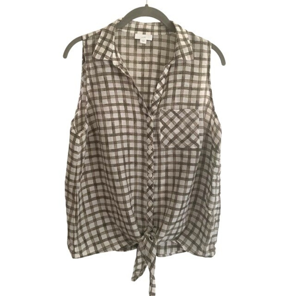 J Jill Plaid Tie Front Blouse M Preppy Coastal Quiet Luxury Hamptons Linen Blend